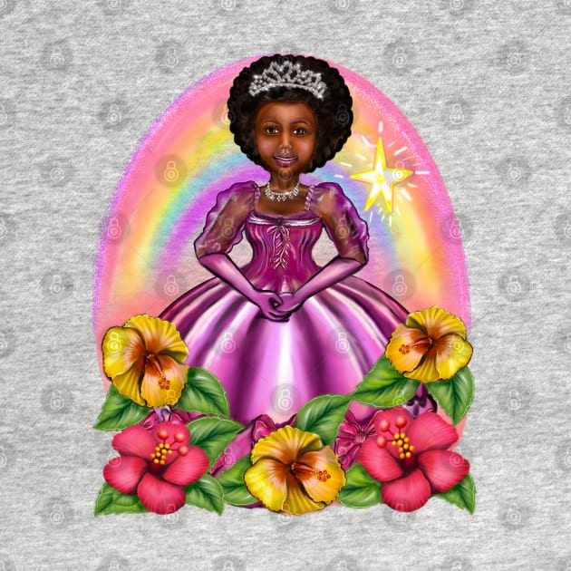 Black Afro Princess in purple with flowers and rainbow i ! beautiful  black girl with Afro hair, brown eyes and dark brown skin. Hair love ! by Artonmytee